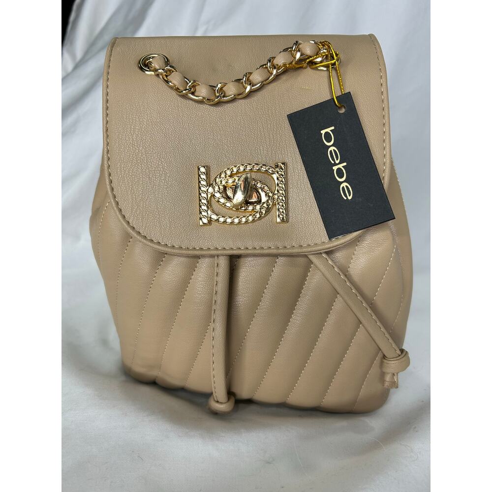 Bebe Hera Beige Small Backpack gold hardware quilted